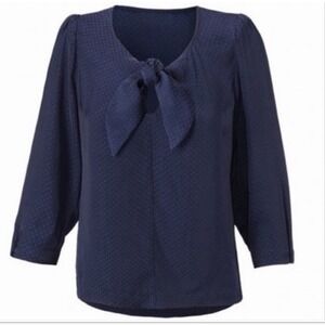 CAbi Navy Blue Knot Blouse Micro Swiss Dot Tie Neck Lightweight‎ Silky #5525